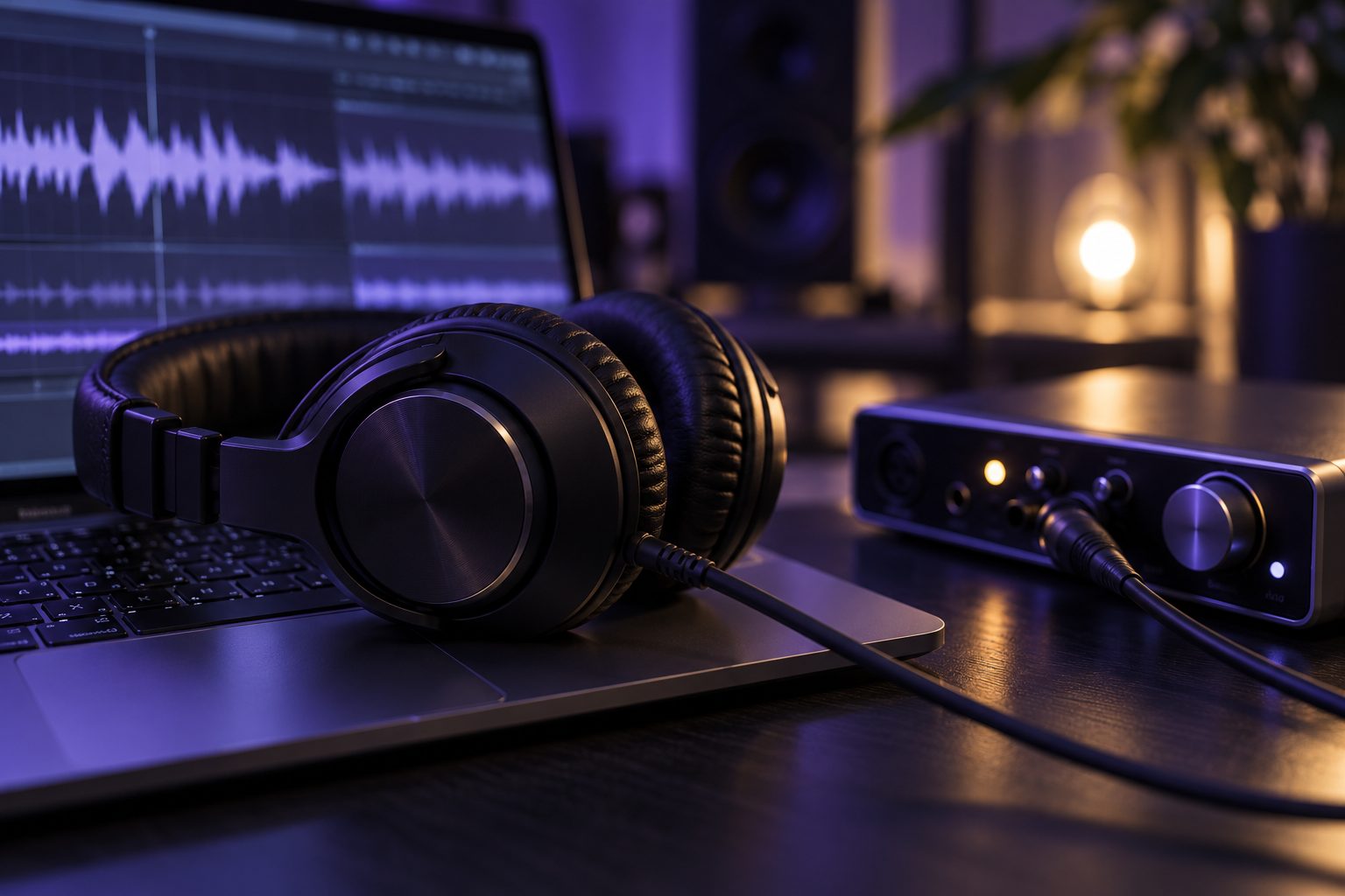 Studio headphones resting on a laptop beside an audio interface